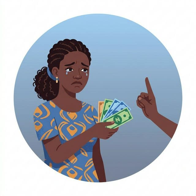Femme africaine triste qui tend des billets face à une main qui refuse