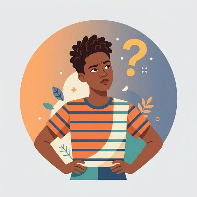 Personne africaine pensive avec les mains sur les hanches et un point d'interrogation